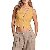 Amazhiyu Womens 100% Linen Summer Button Up Crop Top Lapel Waistcoat Vest Casual Yellow, Small