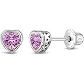 In Season Jewelry CZ Birthstone Heart Kids Earrings - 925 Sterling Silver Hypoallergenic Earrings for Girls with Secure Screw Backs - Safe & Comfortable for Toddlers, Kids & Little Girls