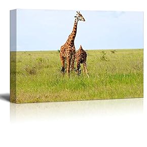 2 Graceful Giraffes in African Savannah Wall Decor Wood Framed