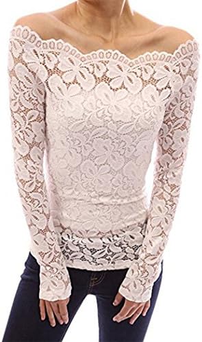 Donsane Women's Floral Lace Off Shoulder Top Long Sleeve Sexy Blouse (2XL, White)