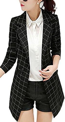 Enlishop Women's Vintage Check Plaid Long Sleeve Casual Long Jacket Blazer (US 10, Black)