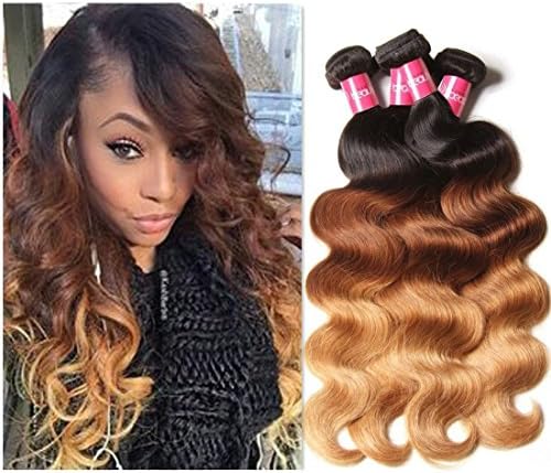Sunber Hair Virgin Brazilian Body Wave 4 Bundles, Long Lasting Brazilian Hair 100 Human Hair Body Wave, Natural Black Color Mixed Length (T1B/4/27,24 24 24 24)