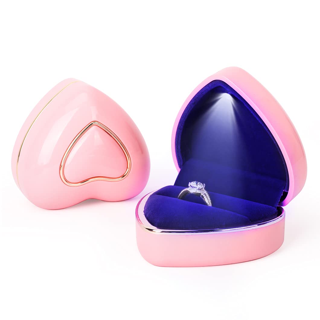 Rolin Roly Ring Box with LED Light Engagement Velvet Gift Rings Box Jewelry Displays Boxes Heart Shaped Ring Box for Proposal Weddings Birthday Anniversary (Pink Heart Ring Box)