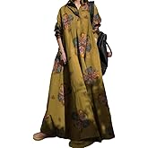 Womens Cotton Linen Plaid Long Sleeve Maxi Shirt Dress Lightweight Oversize Casual Loose Long Dresses with Pockets