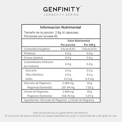 Genfinity Magnesio Dual Blend Longevity Series | 700 mg por Cápsula | 240 Cápsulas | Citrato + Bisglicinato Pureza ≥98% Grado Clínico | Suplemento Alimenticio