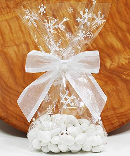 Saybrook Products Winter Snowflakes Cellophane Treat/Party Favor Bags with Twist-Tie Organza Bow. Set of 10 Ready-to-Use, Gussetted 11x5x3 Goodie Bags with Bows. White, Clear