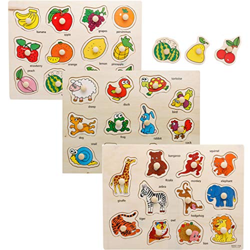 SIPLIV Wooden Pegged Puzzles Set Learning Puzzles Board for 2-5 Years Old Kids Preschool Early Education Toys and Games, 3 Pcs - Fruits and Animals