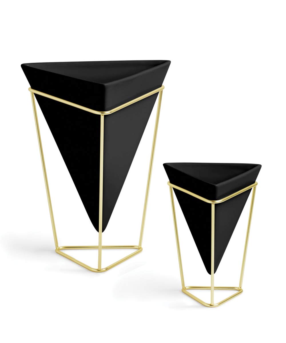Umbra Trigg Desktop Planter Vase & Geometric Ceramic Container - Great For Succulent Plants, Air Plant, Mini Cactus, Faux Plants and More, Set of 2, Tabletop, Black/Brass