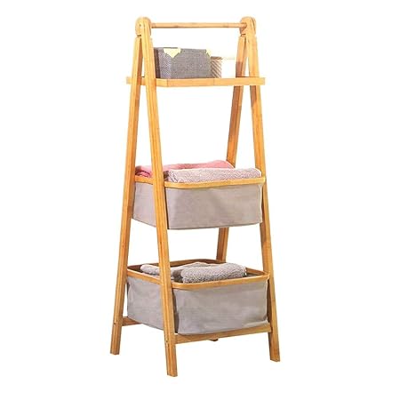 Klappbares Ablageregal mit 2 Körben 1 Etage - Exotischer Stil, farbig - Farbe HOLZ und GRAU