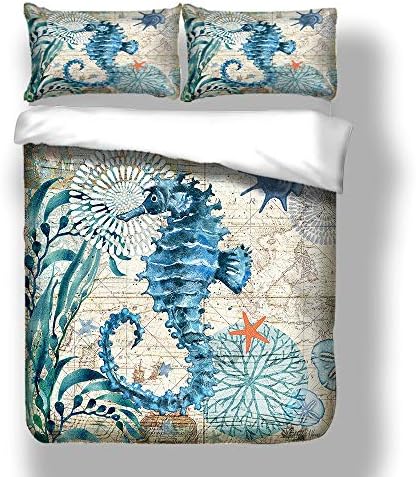 Andrui Duvet Cover and Pillowcase Set, Dolphin Turtle Seahorse Whale Octopus Pattern, Ocean Park Theme, Luxury Trendy Quilt Bedding Set King
