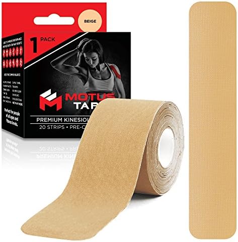 Motus Tape Elastic Cotton Kinesiology Tape, Waterproof, Therapeutic Support, 20 Units, 2 x 10 Inch Pre-Cut Strips