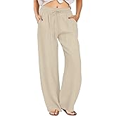 FireSwan Womens Palazzo Pants Casual Drawstring Flowy Pants Wide Leg Summer Beach Linen Trousers with Pockets