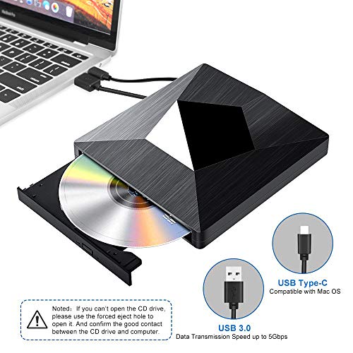 External CD DVD Drive, Dual USB Type C and USB 3.0 Superdrive Optical USB C Drive Portable CD/DVD +/-RW Burner for iMac PC Mac OS Windows 7 8 10 Linux MacBook (Black)