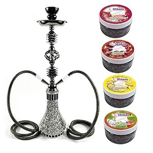 RMAN Wasserpfeife Shisha 2 Schläuchen inkl. Kohlezange, Zubehör mit 4 Shiazo Dampfsteine Shisha Stein Granulat Nikotinfreier Tabakersatz