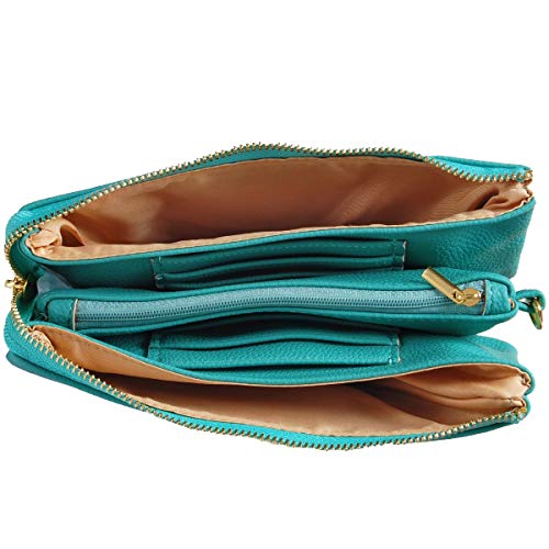 Humble Chic Vegan Leather Small Crossbody Bag or Wristlet Clutch Purse, Includes Adjustable Shoulder and Wrist Straps, Turquoise, Teal, Aqua Blue
