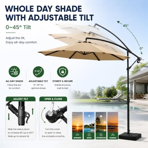 Meulbaty Patio Umbrella with Base Included, 10FT Large Cantilever Offset Patio Umbrellas Outdoor Umbrellas Shade Umbrella with Stand - UV Protection, Easy Tilt & 360° Rotation for Pool, Deck, Porch, Yard