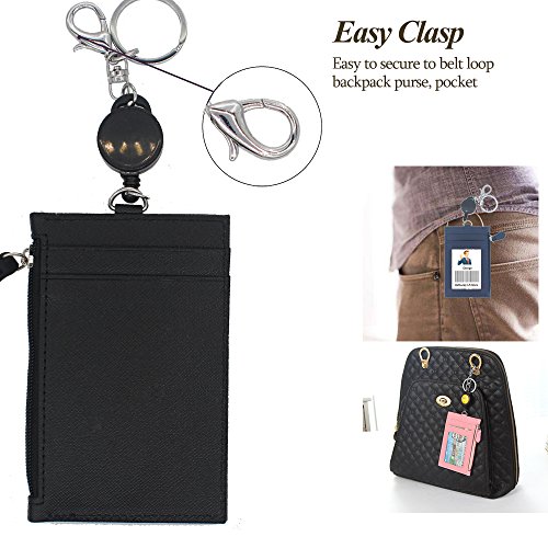 Badge Holder with Zipper,Boarding Pass Holder,2-Sided PU Leather ID Badge Holder with Retractable Badge Reel & Easy Clasp Keychain,1 ID Window 4 Card Slots 1 Zipper Pocket, 17.8” Neck Lanyard (Black)
