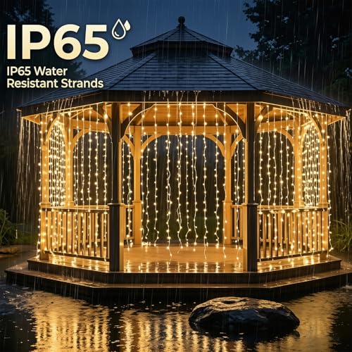 Dekofun Pack of 2 3 x 3 m 300 LED Curtain Lights with Socket, Timer, 8 Modes, IP65 Waterproof Waterfall Lights for Outdoor Indoor Balcony Garden WeddingTerrace, Warm White