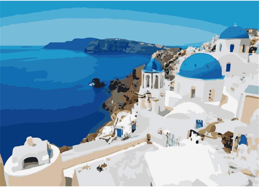 KANGDISON The Sea of Santorini Painting by Numbers for Adults, DIY Oil Paint by Number Kits Home Decor Wall Gift Painted for Painting Beginner 16 x 20inch / 40 x 50cm