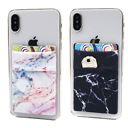 2Pack Marble Adhesive Phone Pocket,Cell Phone Stick On Card Wallet,Credit Cards/ID Card Holder(Double Secure) with 3M Sticker for Back of iPhone,Android and All Smartphones-Double Pocket-Black&Purple