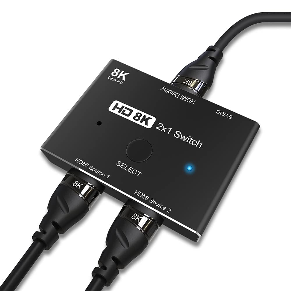 Angusplay HDMI Switch 2.1 Version 8K Switcher Splitter KVM Ultra HD 2 in 1 Out High Speed 48Gbps Support 4K@120Hz 8K@60Hz Adapter Converter for PS5 Xbox Monitor etc
