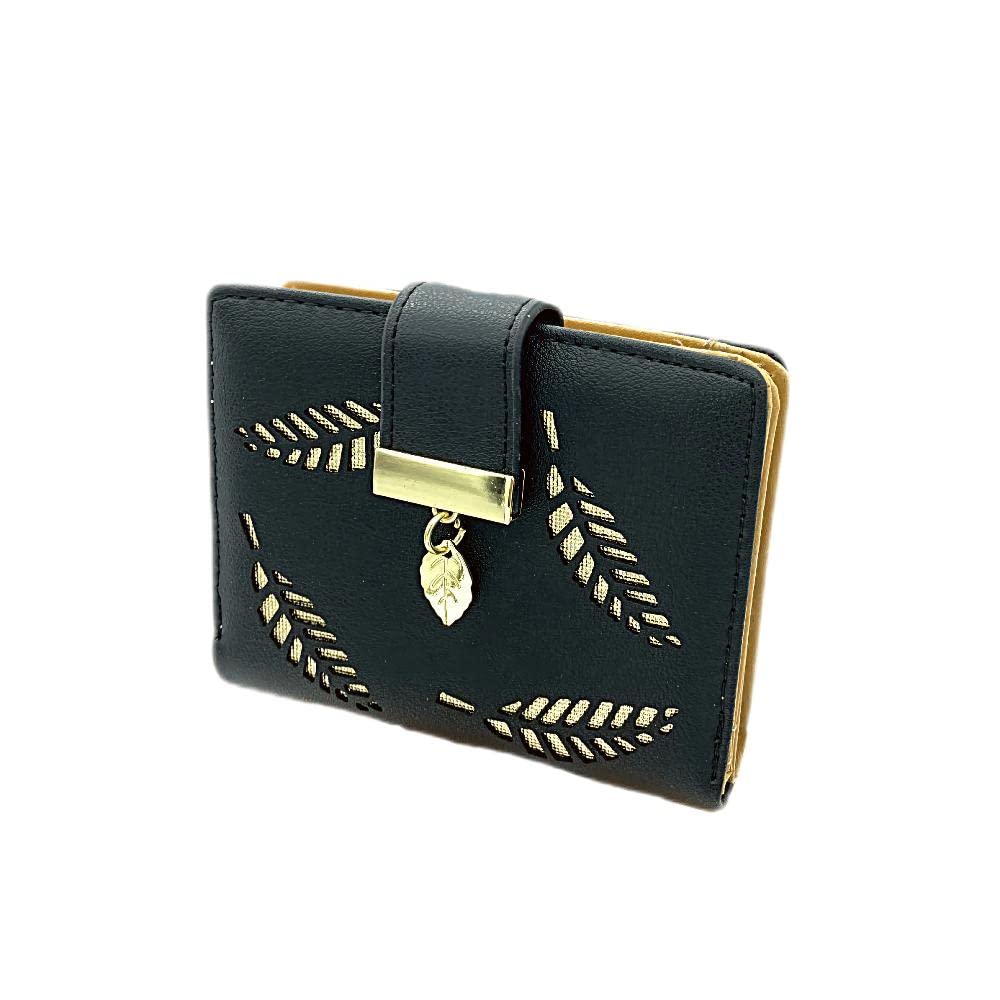 HXT-OAK Women's Leaf Hollow Design PU Leather Wallet with Leaf Pendant 5 Card Slots and ID Window Black