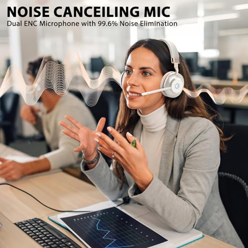 Wireless Headphones with Mic, Bluetooth Headset with Microphone Noise Canceling & Charging Base, Wireless Headset with Microphone Mute for PC/Teams/Zoom/Call Centers/Smartphones