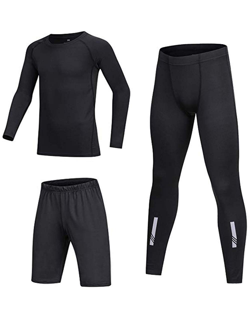 BUYKUD Kids' Boys 3PCS Long Sleeve Base Layer Compression Athletic Shirt Tights Top & Bottom Thermal Underwear Sports Set，Black/Reflective strip, Label Size: 24