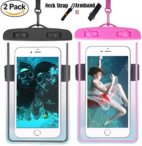 Universal Waterproof Case, 2 pack Waterproof Phone Pouch Dry Bag with Armband &amp; Neck Strap for iPhone X 8 8Plus 7 7Plus 6 6SPlus, Samsung Galaxy S9/S9 Plus/S8 Plus/Note 8 6 5 up to 6.0" (Black&amp;Pink)