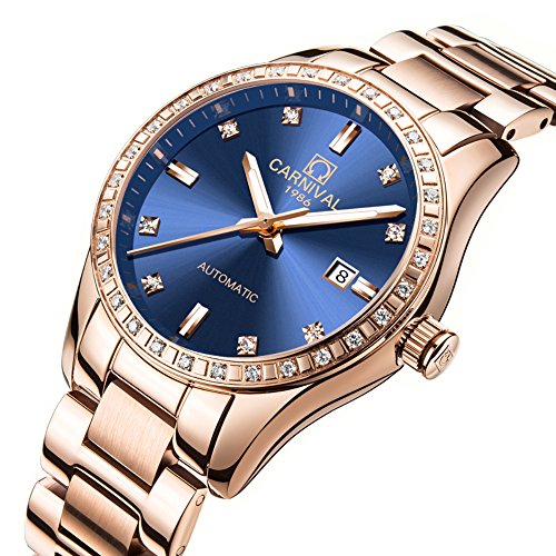 Women's Analog Luminous Automatic Mechanical Female Watch Rhinestones Adornment Chic Rose Gold Dress (Blue)
