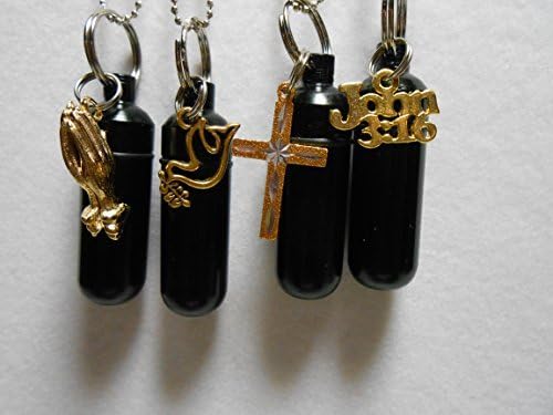 Four (4) Piece Black Cremation Urn Keepsake/keychain with cross/John 3:16/Peace Dove/praying hands Charms - Includes Velvet Pouches &amp; Fill Kit