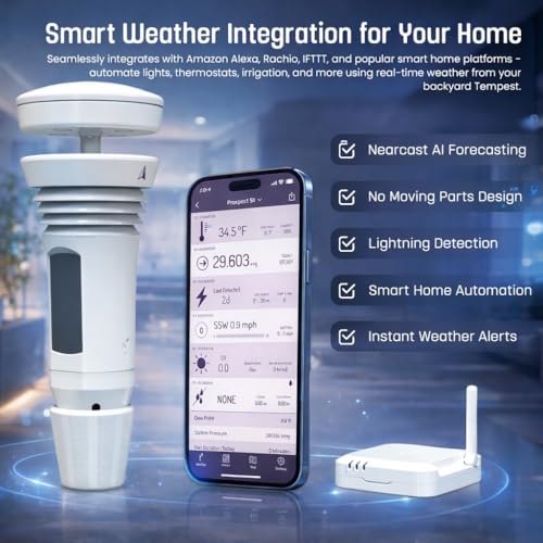Tempest Weather Station with AI Forecasting, Wireless WiFi Monitor with Built-in Wind Meter & Rain Gauge, Real-Time Data, App & Alexa Compatible