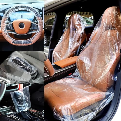 Joyzzz Disposable Car Seat Covers, 300 Pcs Clear Car Seat Protector, Plastic Seat Covers, Includes Wheel Covers, Gear Selector Covers and Handbrake Cover for Truck Auto Bus Accessories