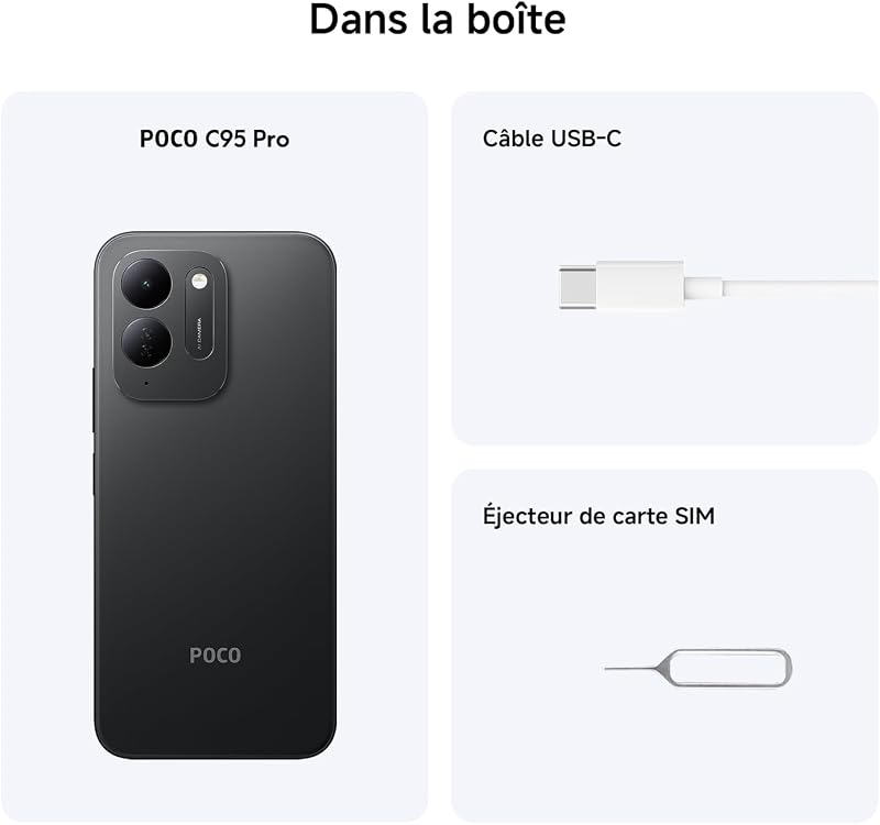 POCO C95 Pro, Smartphone 8+256 Go, Noir, Batterie 7 500 mAh, Charge 45 W