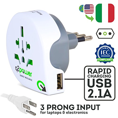 Q2Power World to Italy Travel Adapter with USB Port, for Type L Outlets, Grounded and Safe, Works with Laptops, Computers, Smartphone Chargers, Portable Devices
