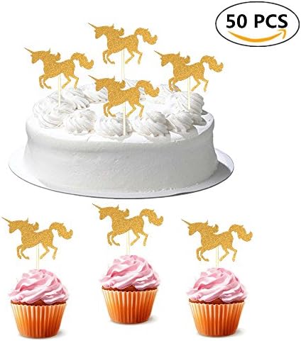 Cupcake Decorations Toppers Unicorn Mini Cake Food Cocktail Picks Birthday Party Baby Shower Wedding Themed Supplies for Girl Kids Boy(50 PCS Gold)
