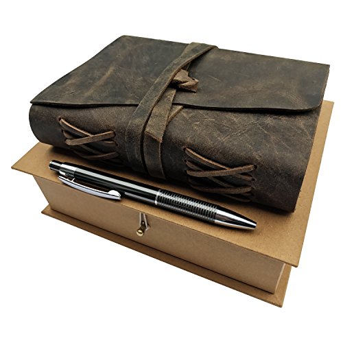 LEATHER JOURNAL GIFT SET Handmade Writing Notebook 7 x 5 Inches Unlined Paper, Antique Leatherbound Daily Notepad For Men & Women, Ideal Present with Box, Secret Pen Holder and Luxury Metallic Pen