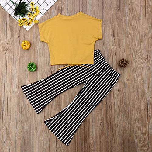 Toddler Baby Girl Striped Bell Bottom Outfit Yellow Crop Top Shirt+Flare Wide Long Pants Summer Clothes Set - Thumbnail 2