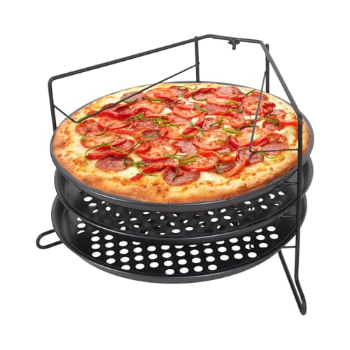 Laexepelle Pizza Baking Set - Contains 3 Non-stick Pizza Pans (Perforated Design) and Pizza Rack, 11 inch Perforated Pizza Tray Suitable for Oven, Grill Barbeque Great for Home Baking