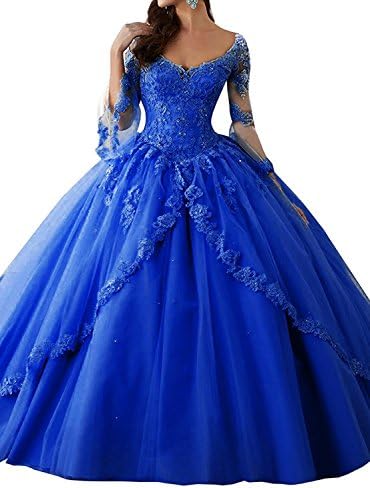 Eldecey Women's V-Neck Lace Applique Sweet 16 Long Sleeves Pageant Floor Length Ball Gown Prom Quinceanera Dress Royal Blue US2