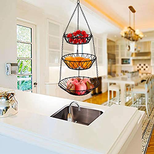 Jucoan 3Tier Hanging Fruits Basket, Heavy Duty Wire Vegetable Fruit Storage Basket with Metal