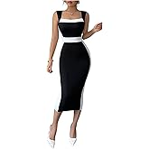 SOLY HUX Women's Bodycon Midi Dress Color Block Square Neck Sleeveless Cocktail Party Dresses