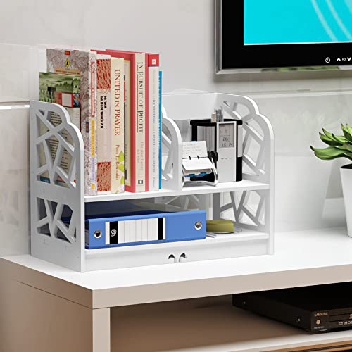 Wood Desk Storage Shelf White Bookcase, 2 Tier Small Bookshelf Desktop Display Storage Organiser Rack Shelves Stand Counter Top Multi-use Bookcase for Home Kitchen Office ，3 compartments/42✕22✕30cm