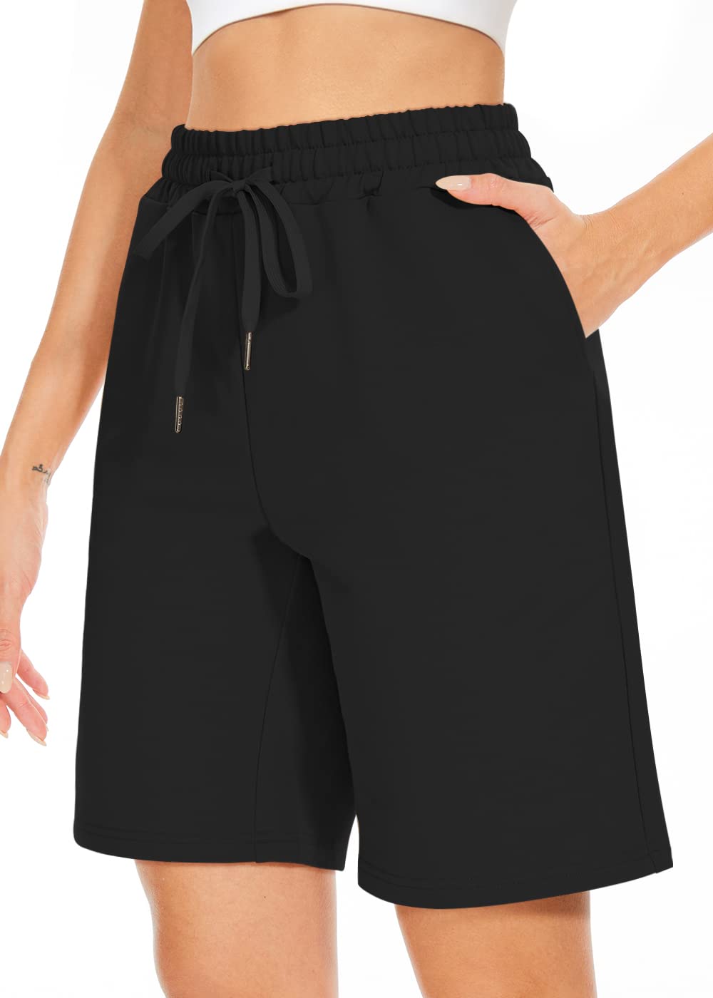 Photo 1 of TARSE Women's Bermuda Shorts Summer Long Cotton Drawstring Loose Pocket Knee Length Shorts Yoga Casual Walking Exercise Shorts(Black,L)