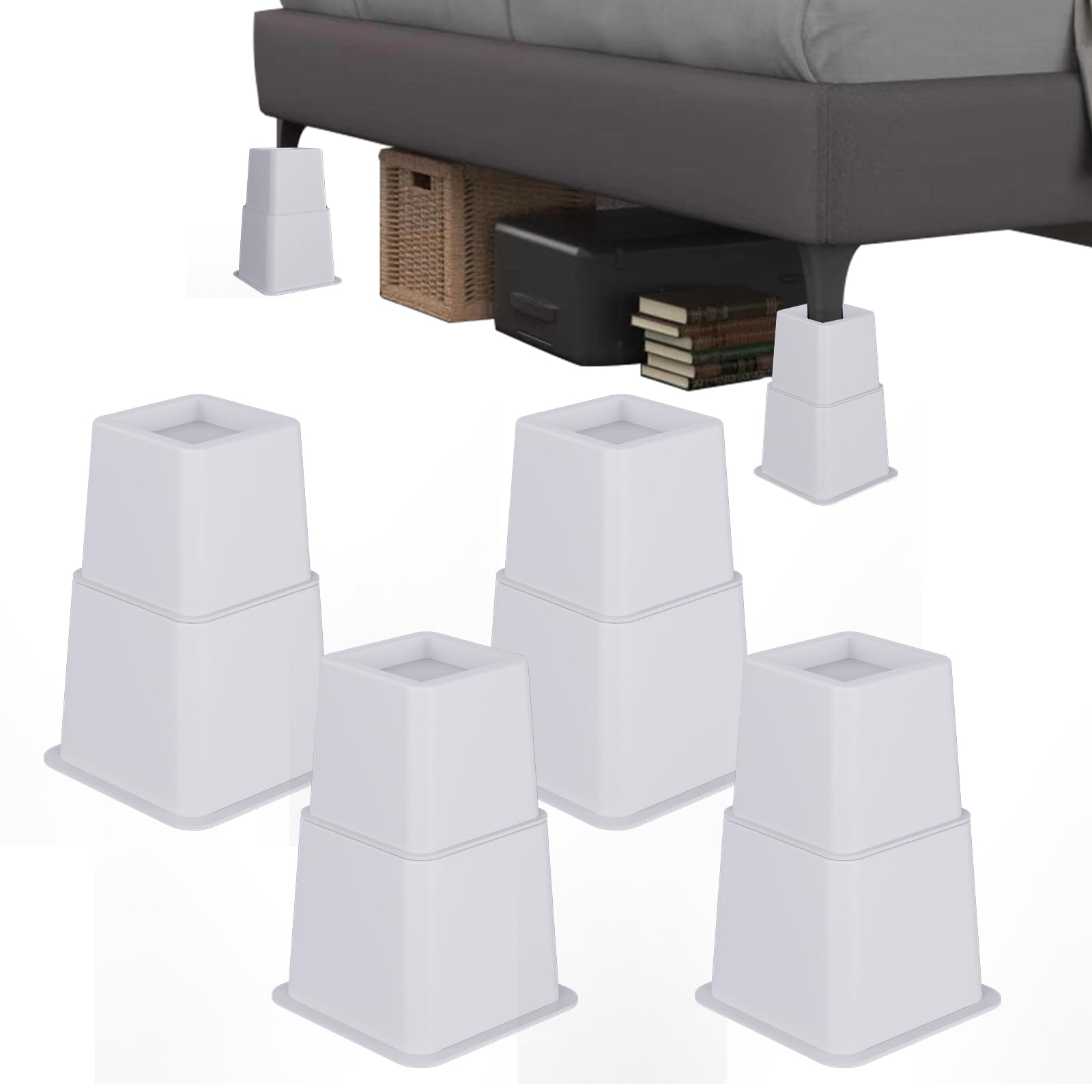 Photo 1 of Demiwise Heavy Duty Bed Risers - Set of 4 Adjustable Furniture Risers, Elevation Heights of 3, 5 & 8 Inches, Supports Up to 1,300 lbs for Bed, Couch, Table & Chair(White)