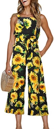 Dongpai Women's Floral Print Strap Jumpsuit Sleeveless Tie Waist Wide Leg Pant Rompers with Pockets