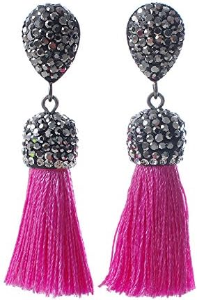Women's Dangle Drop Short Tassel Earrings with Shell Pearl Black Rhinestone Top (Dark Pink with WB)