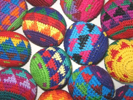Funny Guy Mugs Footbag Set (3 Pack) – Handmade in Guatemala Crochet Hacky Kick Sack Balls – Footbag Juggling Balls for Outdoor Play, Party Games & Coordination Training
