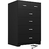 FJTJBSI Dresser with Power Outlets Wooden 6 Drawer Dresser with Large Organizer Black Tall Storage Organizer with Smooth Metal Rail Modern Chest of Drawers Closet for Bedroom Hallway