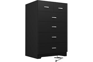 FJTJBSI Dresser with Power Outlets Wooden 6 Drawer Dresser with Large Organizer Black Tall Storage Organizer with Smooth Metal Rail Modern Chest of Drawers Closet for Bedroom Hallway
